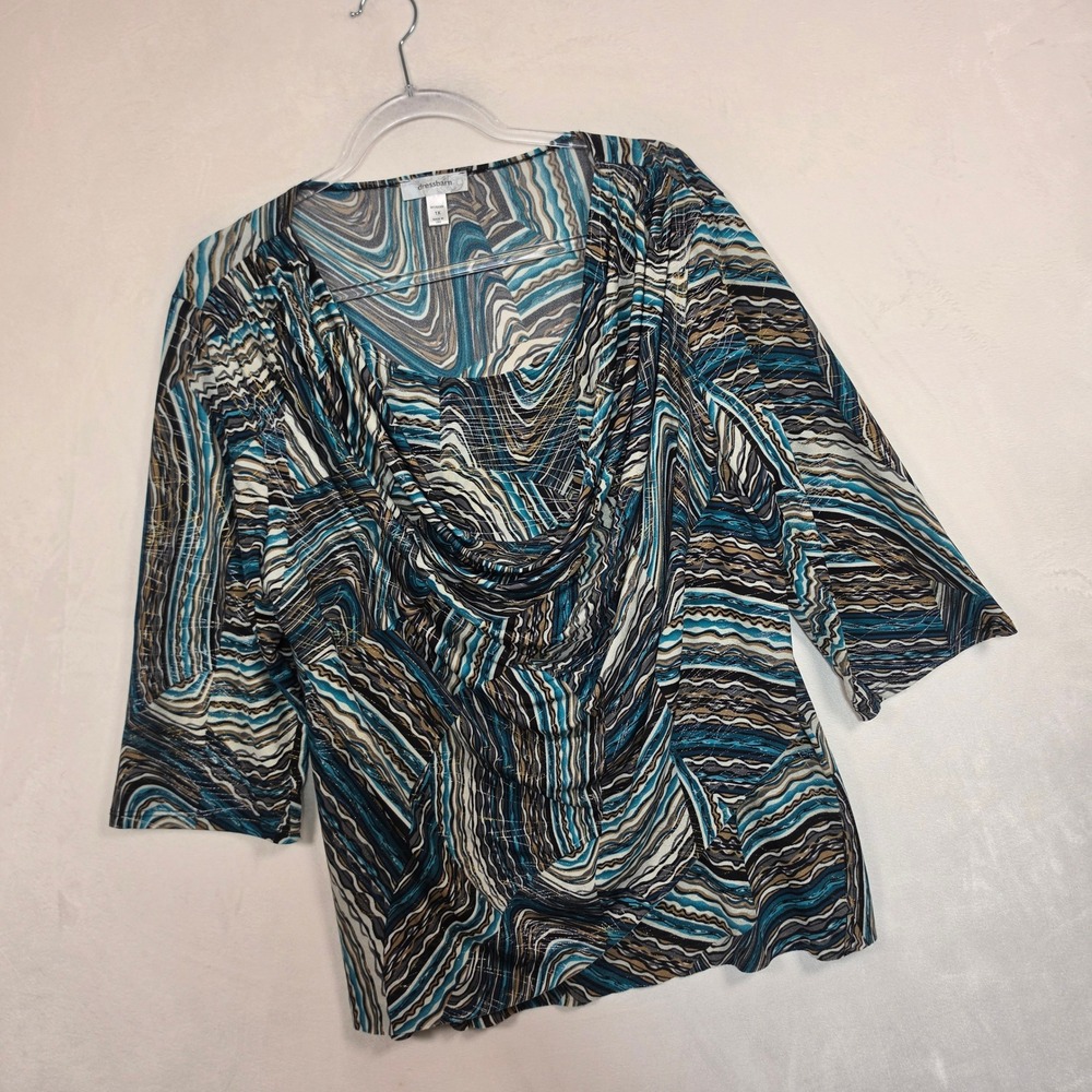 Dressbarn Blouse Womens 1X Blue Brown Abstract Swirl Boho Whimsical Metallic - Picture 11 of 13